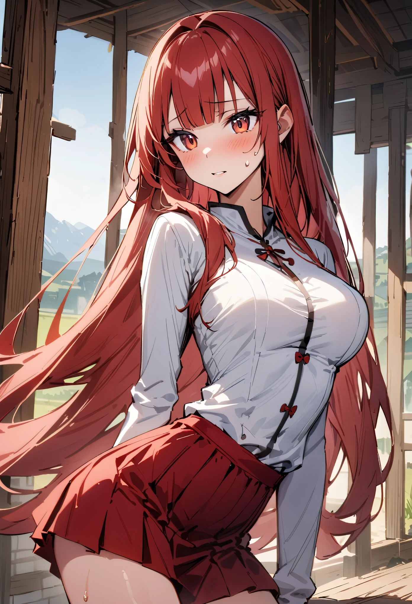 ((masterpiece,Highest quality:1.3)),1woman,30 year old beauty,独奏,((very small head:1.3)),red hair,long hair,blunt bangs,red eyes,gorgeous eyes,shy,medium breasts,((very long body:1.2)),((toned body,slender body,)),skinny,gleaming skin,shiny skin,sweat,((Red pleated mini skirt)),(White Henley T-shirt、Long sleeve),((Red mini skirt))、rural area、sunny、Medieval Europe、