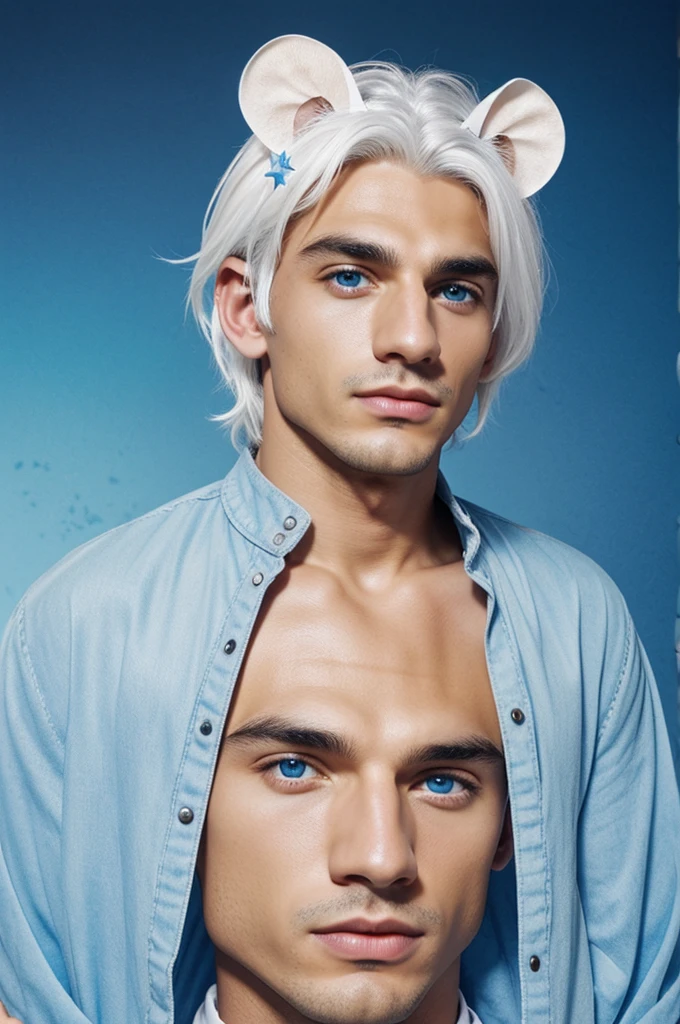 Chico, , YOUNG, White hair, white mouse ears, stars in your eyes, blue men's clothing, black background