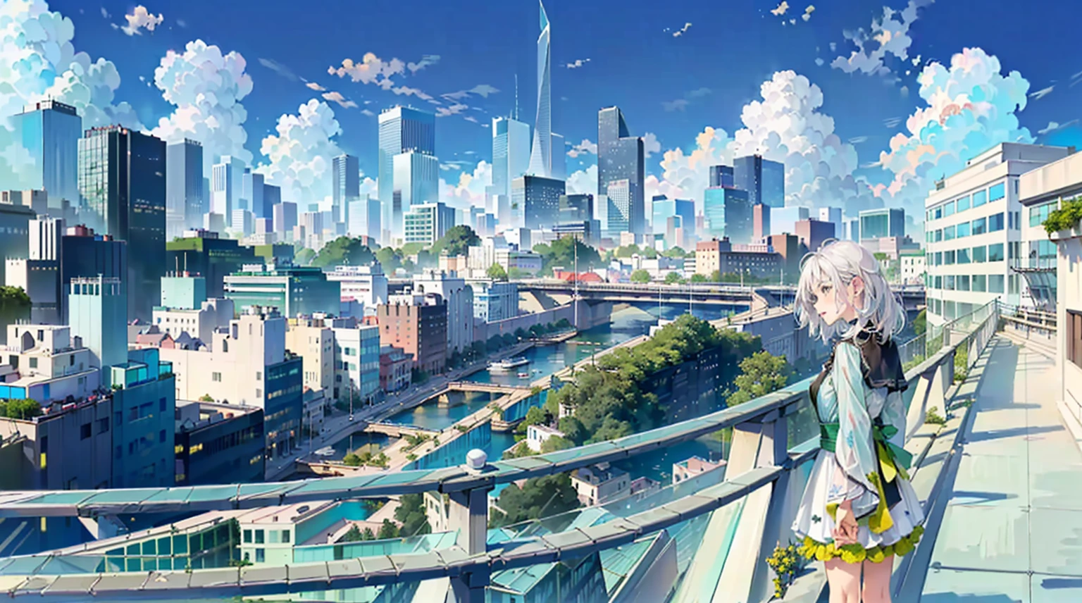 (((white hair gril waking in the city))), (((((Glass buildings, glass skyscrapers))))), (((black iron posts, black iron fences, marble bridges, rivers, vines, moss, flying islands in the sky, wall))), (((((city landscape, magic, skies islands))))), ((masterpiece), (best quality), (beautiful), (masterwork), (hyper-realistic), (wallpaper), (strong breeze)), (scene composition),