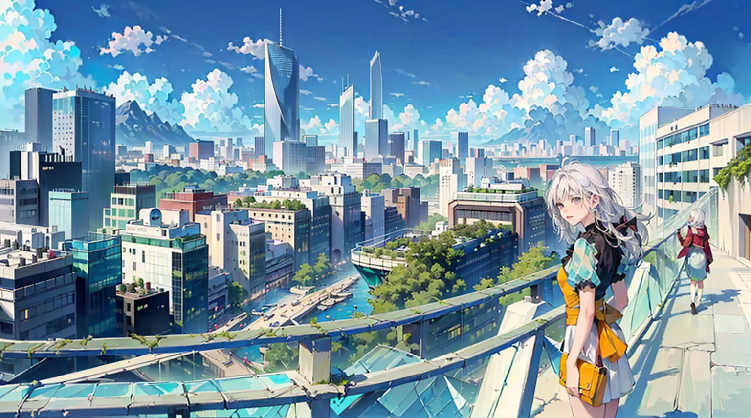 (((white hair gril waking in the city))), (((((Glass buildings, glass skyscrapers))))), (((black iron posts, black iron fences, marble bridges, rivers, vines, moss, flying islands in the sky, wall))), (((((city landscape, magic, skies islands))))), ((masterpiece), (best quality), (beautiful), (masterwork), (hyper-realistic), (wallpaper), (strong breeze)), (scene composition),