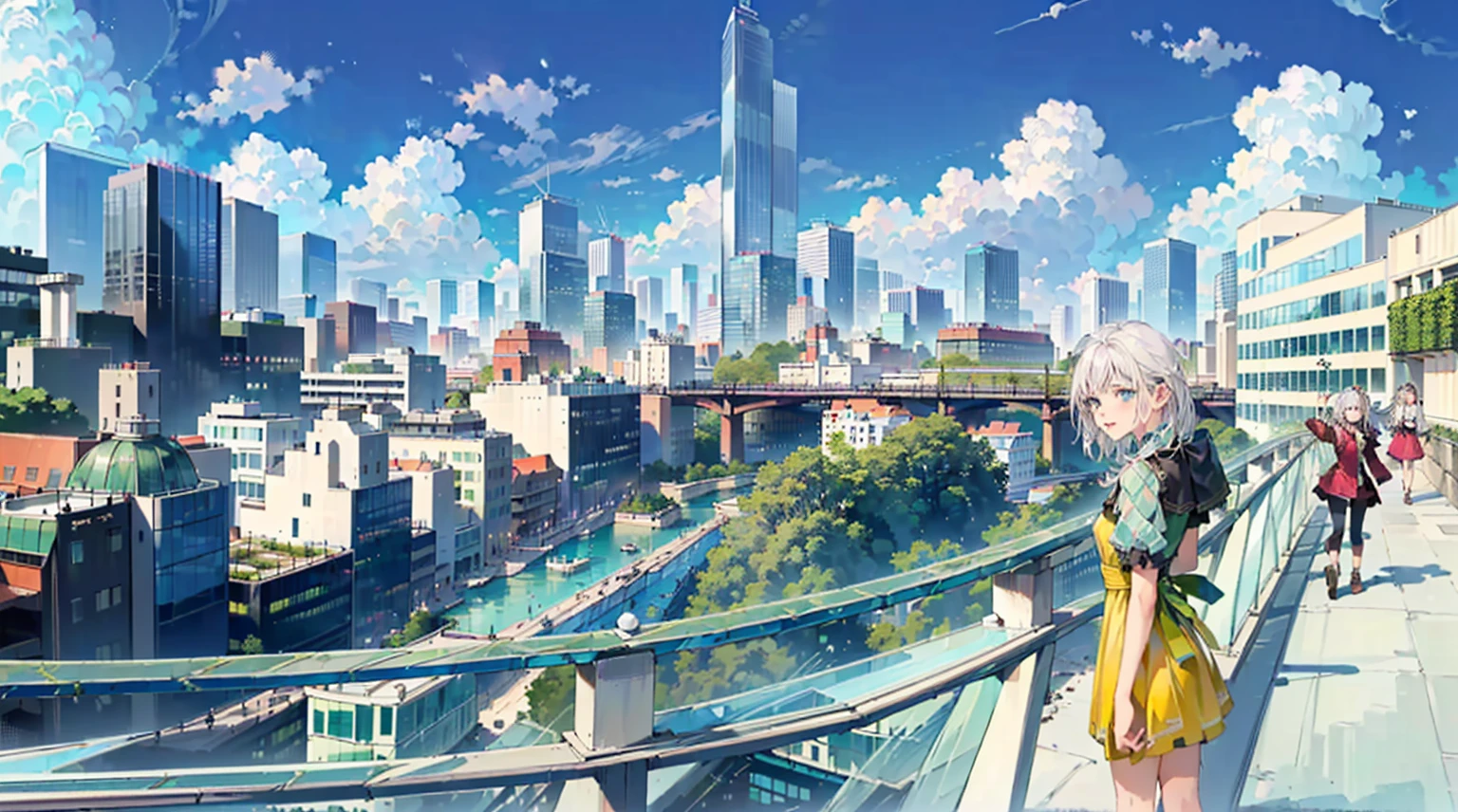 (((white hair gril waking in the city))), (((((Glass buildings, glass skyscrapers))))), (((black iron posts, black iron fences, marble bridges, rivers, vines, moss, flying islands in the sky, wall))), (((((city landscape, magic, skies islands))))), ((masterpiece), (best quality), (beautiful), (masterwork), (hyper-realistic), (wallpaper), (strong breeze)), (scene composition),
