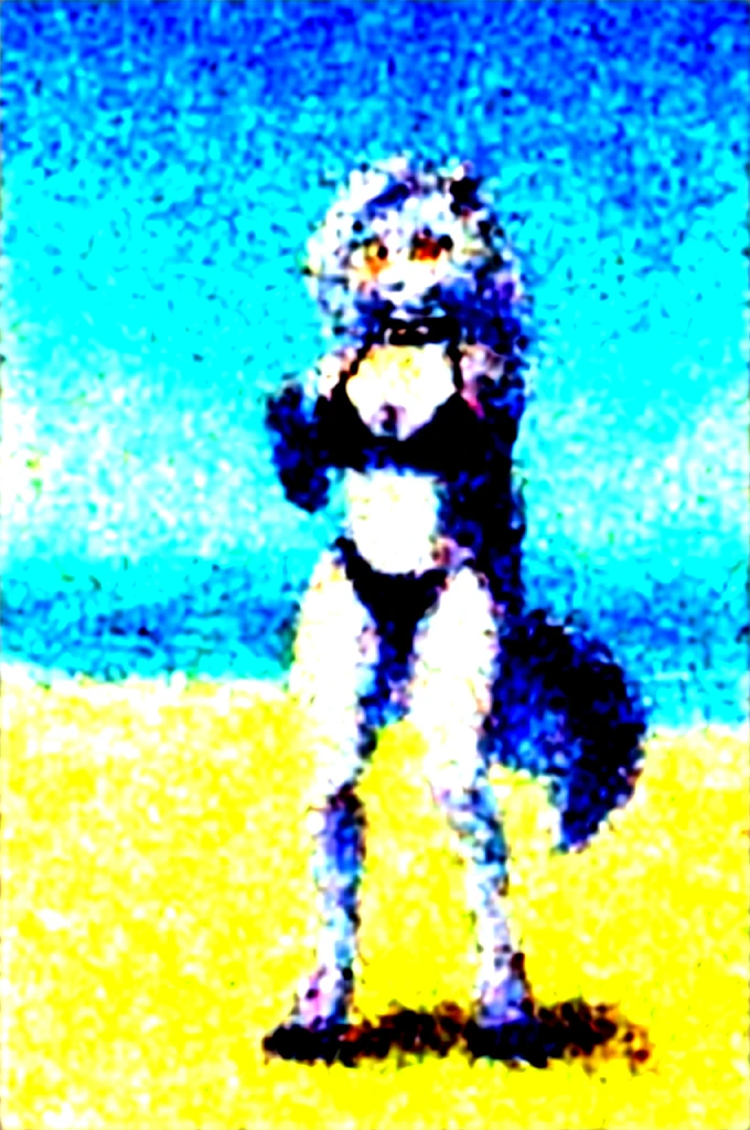 masterpiece, best quality, loona hellhound, loonacroptop, loonashorts, detailed face, detailed eyes, (slit pupils, white eyes), red sclera, happy, [smile, [spiked collar]], pentagram, fingerless gloves, black bikini, digitigrade, standing, beach, sunny 