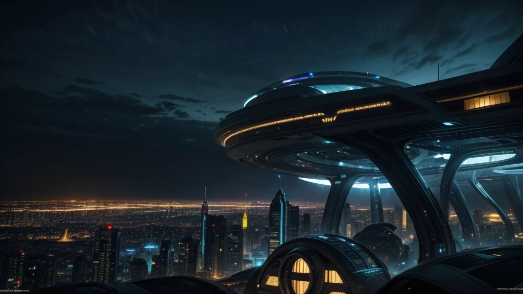 Alien city at dusk, high resolution, extremely realistic - An alien city with futuristic buildings and complex structures, illuminated by colorful lights that stand out against an exotic sky. Alien architecture and atmosphere must be visually striking.