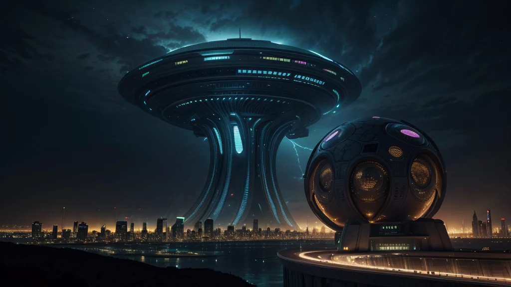 Alien city at dusk, high resolution, extremely realistic - An alien city with futuristic buildings and complex structures, illuminated by colorful lights that stand out against an exotic sky. Alien architecture and atmosphere must be visually striking.