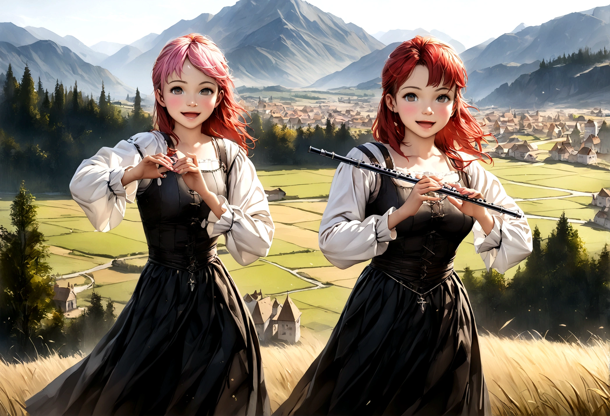 (((Top quality, 4k, 8k, high resolution, masterpiece: 1.2))), (super detailed), (realistic), (photorealistic), (photorealistic: 1.37), (HDR, UHD), (studio (lighting)), ultra-fine drawing, sharp focus, physically based rendering, highly detailed, professional, vibrant colors, perfect ditaile hand, highly detailed realistic eyes, girl, one girl, multiple girls, A lot of girls, smile, open mouth, close mouth, short hair, medium hair, medium length, long hair, ponytail, red hair, blue hair, blonde hair, green hair, pink hair, medieval European clothing, Citizen's Clothing from Medieval Europe, miniskirt, mid-length skirt, long skirt, chinos pants, (((playing the flute, playing the drums))), Medieval European town, Countryside, Medieval European rural village, Rural grassland, Mountain view, Rural river, Irrigation canal, anime, cartoon, kawaii, qute, (((Long shot, Panorama, Distant view, Vast landscape))), knees, feet, looking at viewer,