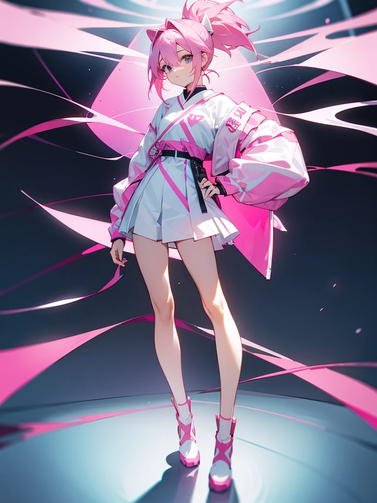 Pink hair in a ponytail。
Standing with your legs apart, facing forward。
The whole body is shown。
Background is white。