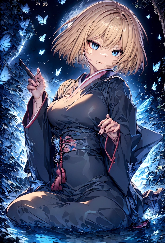Contour: 柔らかく丸みを帯びたContour 目: Cute eyes 、Eye color:Black、expression: Angry mouth hairstyle: Short Hair Body: Upper body wrapped in a futon: Vibrant and warm colors16Year old , Big eyes, Large Breasts, Small and slim, 8K, Highest quality, (Highly detailed head: 1.0), (Highly detailed face: 1.0), (Very fine hair: 1.0), uniform, Highly detailed official artwork, Anime Moe Art Style, Beautiful and detailed anime art, , Blonde, sleek long hair、Pink nape、place:sitting at a desk in the classroom、posture:Turning around and pointing at a peace sign