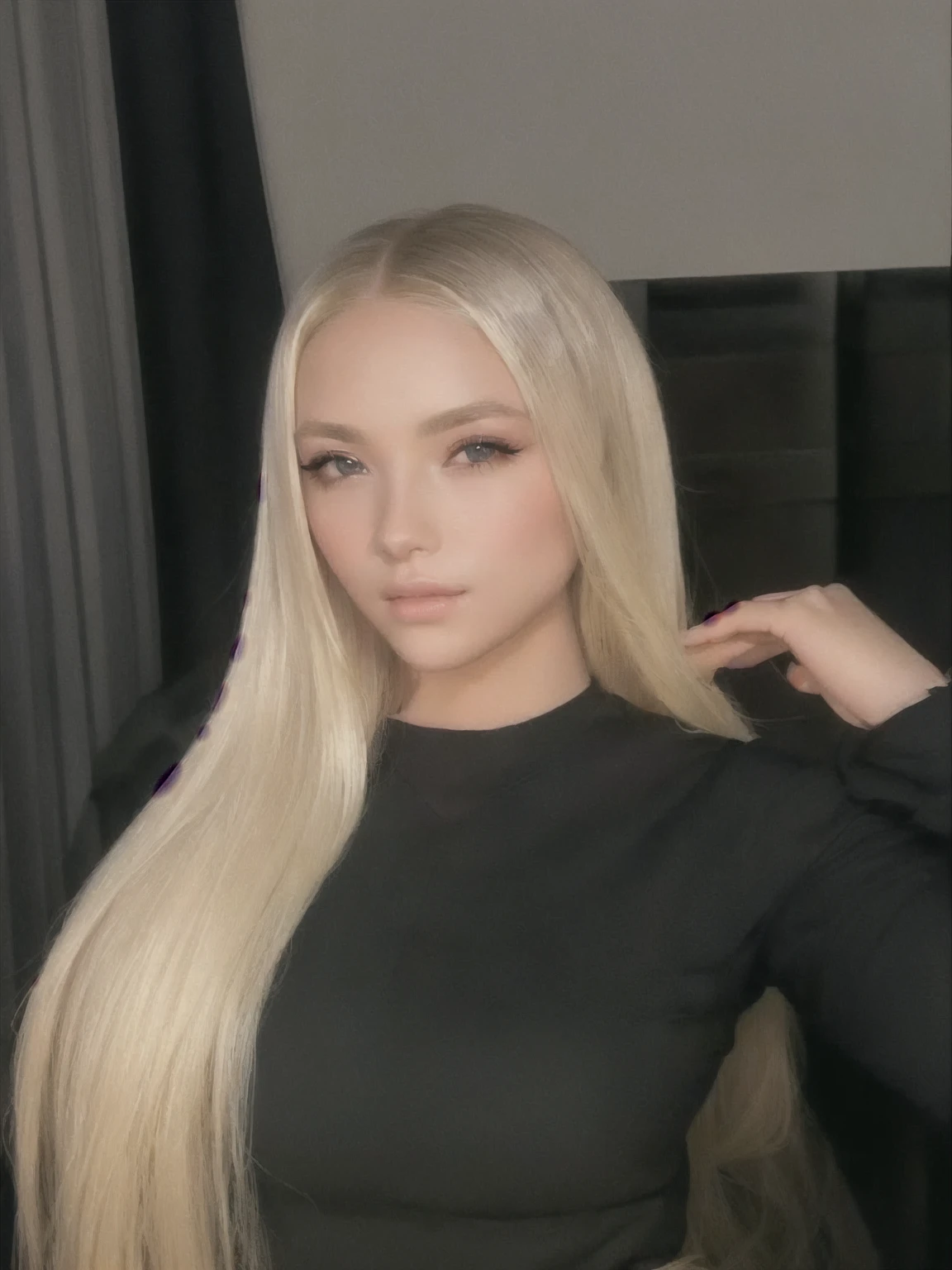 Blonde woman with long hair, wearing a black blouse and jeans, straight blonde hair, ava max, long straight blonde hair, a gorgeous blonde, silken blonde hair, elegant blonde hair, extremely long and thick blonde hair, blonde and attractive features, straight hairstyle, long platinum blonde hair, with very long blonde hair, A girl with blonde hair, long blonde hair and big eyes