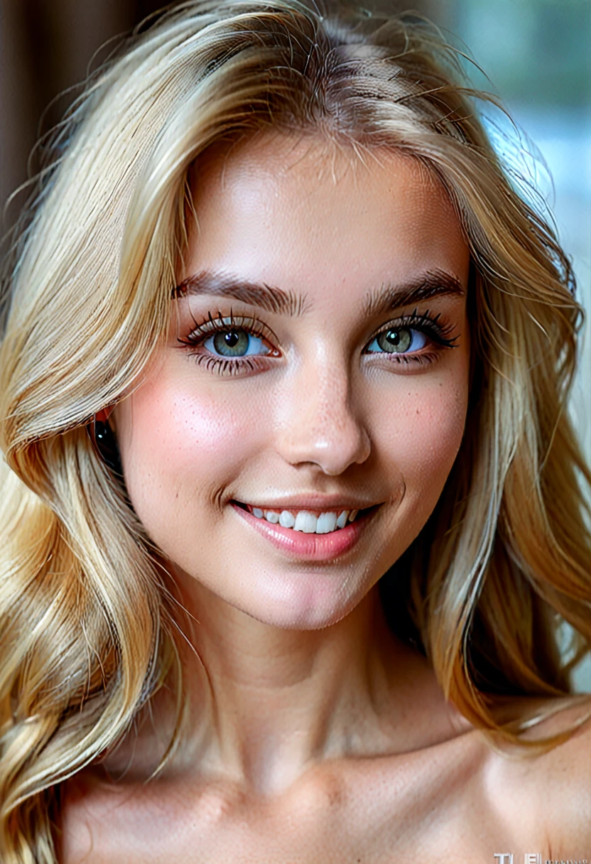 selfie, (4k photo:1.1) by (Jeremy Lipking:0.3), (Dittmann Anna:0.3), (Arian Mark:0.3), (Sharp focus:1.3), high detail, beautiful detailed face, beautiful detailed mouth, beautiful detailed eyes, beautiful detailed nose, hazel eyes, long blonde hair, (attractive young woman:1.3), (seductive:1.1), (smiling:1.1), (blushing:1.1), hourglass body shape