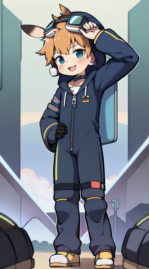 2D Shonen Shota,One-piece mountaineering suit,Slim, healthy body,Put the headphones on your head,stand up,goggles,Rabbit ears,Happy,Sailor collar,tie,zipper,hood,