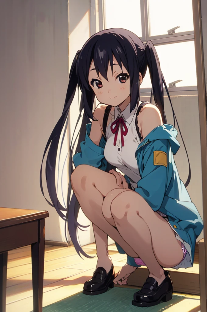  1girl, solo, azusa nakano, , jacket, looking at viewer, smile,miniskirt,(((,panties))),squatting,indoor,open legs,spread legs,medium breasts