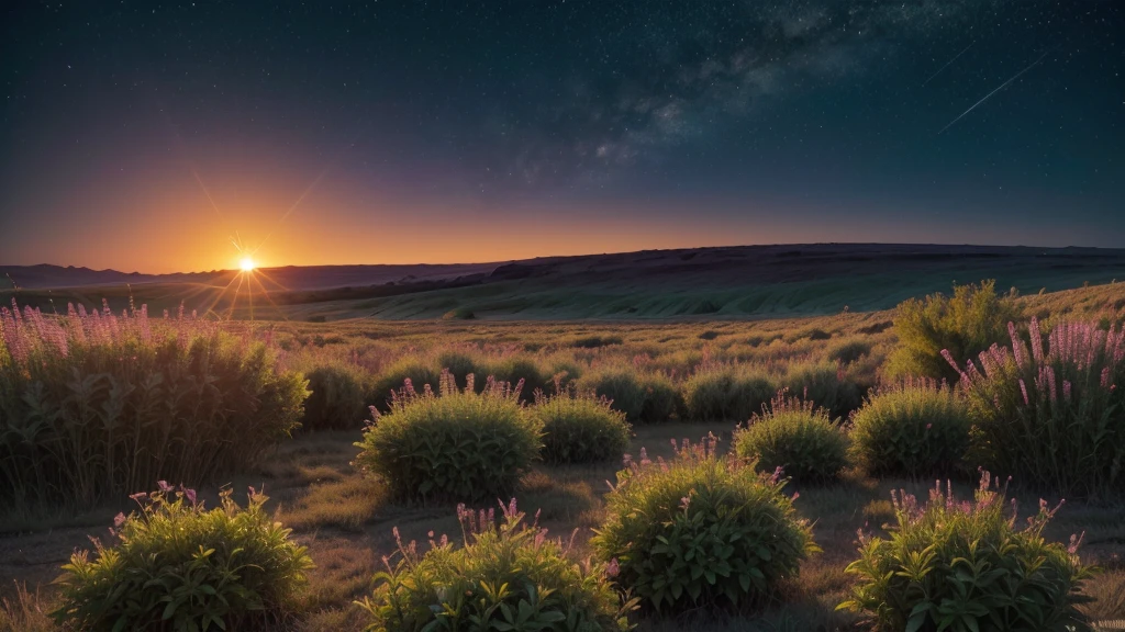 Fields of alien flora at dusk, high resolution, extremely realistic - Expansive fields of alien plants with vibrant colors, as the alien sun sets over the horizon, casting an unusual light on the landscape. Plant textures and alien atmosphere must be captured realistically.