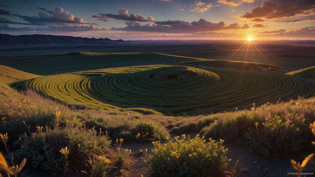 Fields of alien flora at dusk, high resolution, extremely realistic - Expansive fields of alien plants with vibrant colors, as the alien sun sets over the horizon, casting an unusual light on the landscape. Plant textures and alien atmosphere must be captured realistically.