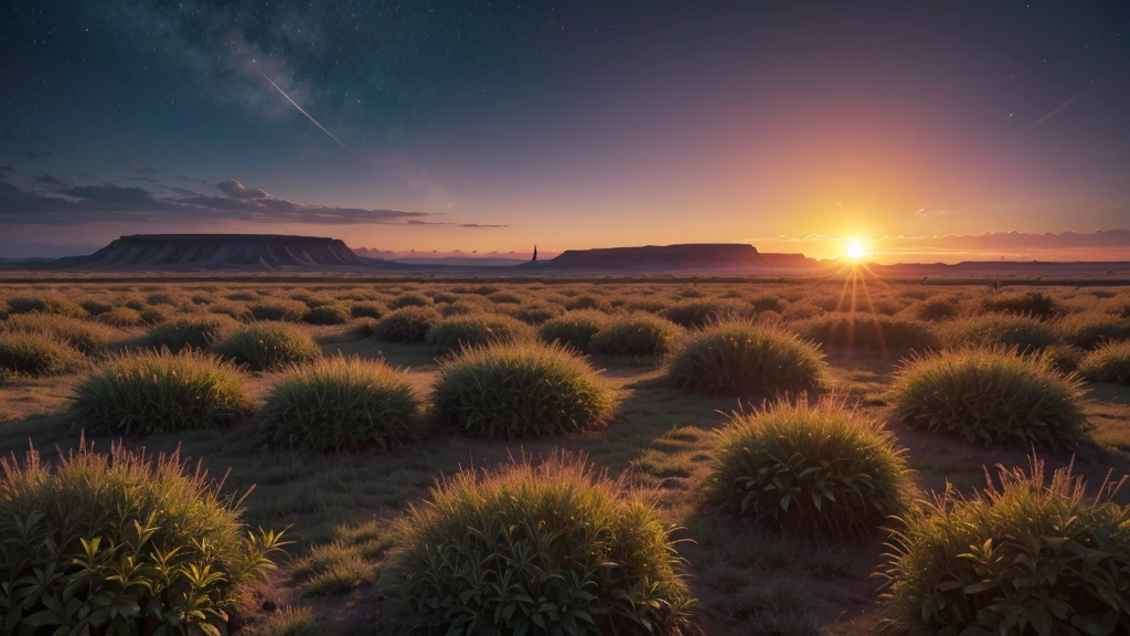 Fields of alien flora at dusk, high resolution, extremely realistic - Expansive fields of alien plants with vibrant colors, as the alien sun sets over the horizon, casting an unusual light on the landscape. Plant textures and alien atmosphere must be captured realistically.