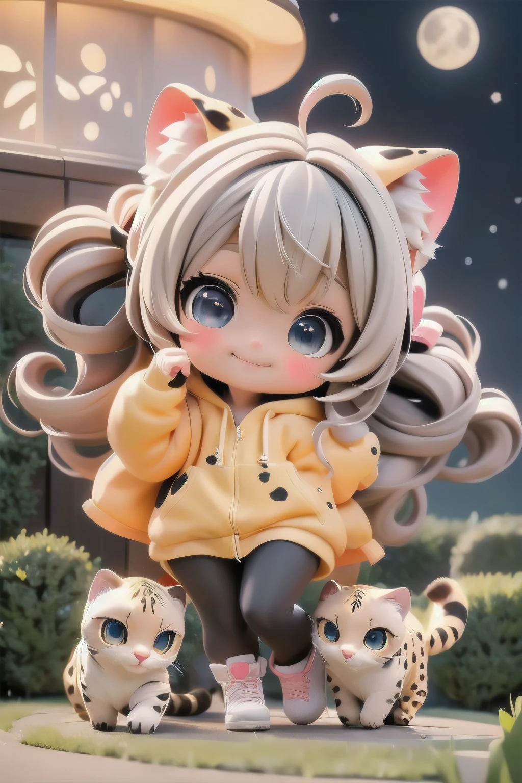 cute chibi girl smiling wearing a (cheetah kigurumi), action pose, dynamic angle, location garden at night, garden outdoors, starry sky, moon