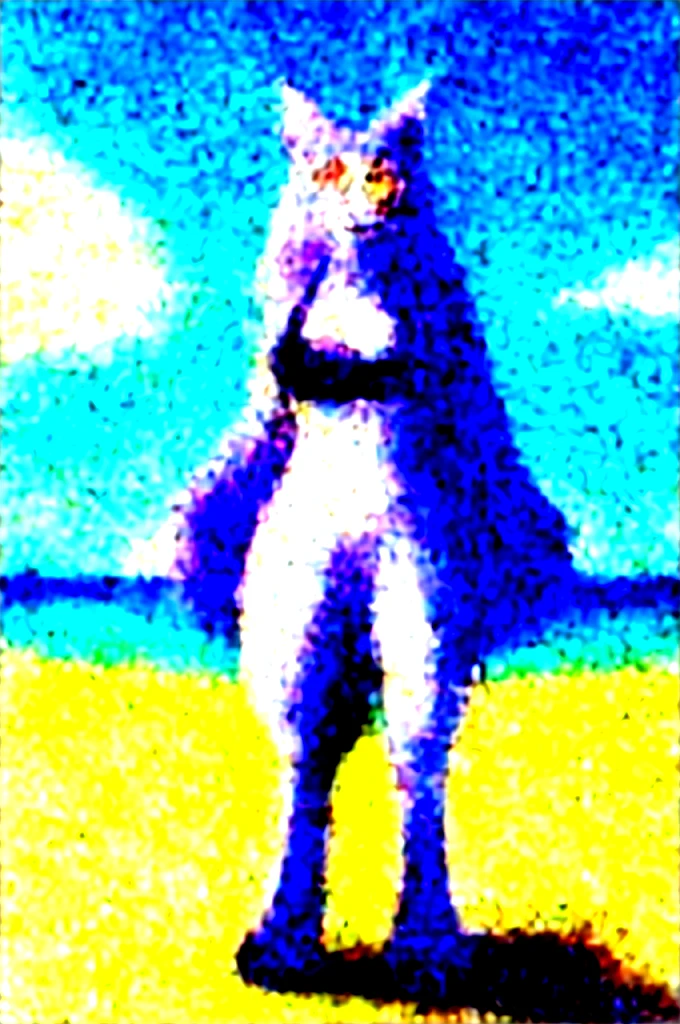 masterpiece, best quality, loona hellhound, loonacroptop, loonashorts, detailed face, detailed eyes, (slit pupils, white eyes), red sclera, happy, [smile, [spiked collar]], pentagram, fingerless gloves, black bikini, digitigrade, standing, beach, sunny 