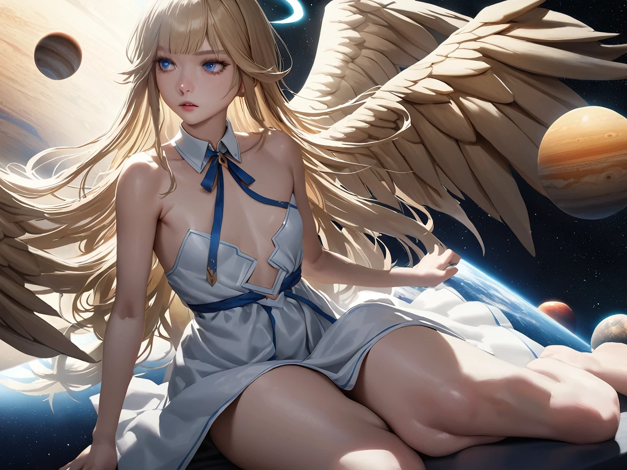 realistic detailed portrait of a girl with blue eyes, (multicolored eyes:0.5), long blonde hair, twin blades, bangs, ahoge, halo, angel, flat chest, white dress, cutout at the waist, detached collar, strapless, neck ribbon, bare shoulders, angel wings, barefoot, solo, space environment with planets, cinematic, masterpiece, best quality, game cg