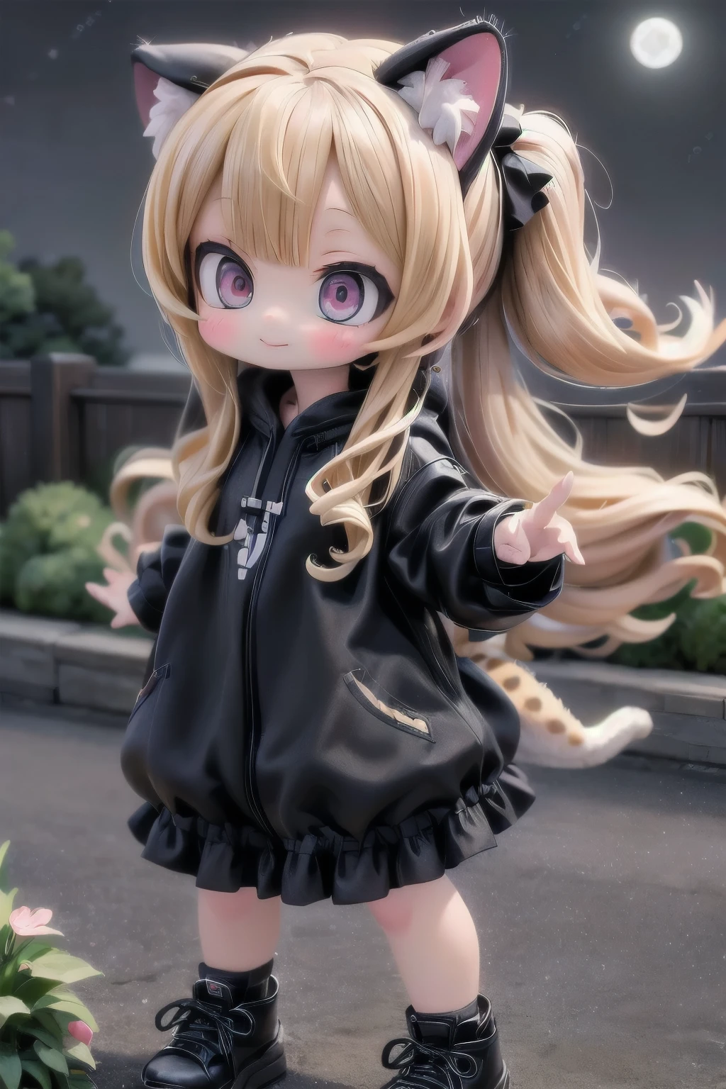 cute chibi girl smiling wearing a (cheetah kigurumi), action pose, dynamic angle, location garden at night, garden outdoors, starry sky, moon