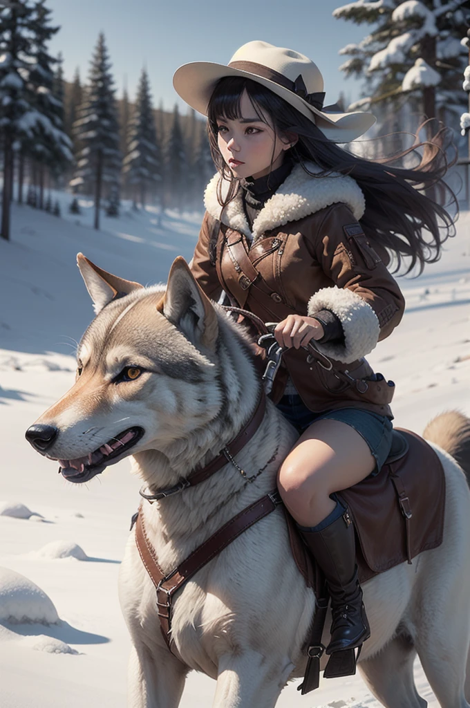 photorealistic, realistic, photography, masterpiece, best quality, ultra-detailed, 1girl, snowfield, riding, wolf,