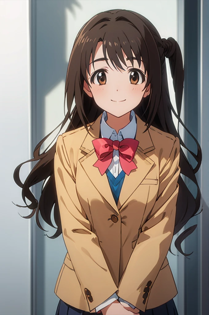 (((pixel-perfect, detail-perfect))), solo, 1girl, uzuki shimamura, , blazer, bow, looking at viewer, smile, v arms