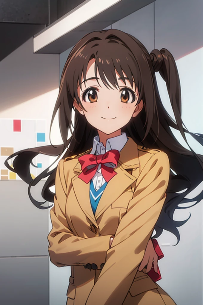 (((pixel-perfect, detail-perfect))), solo, 1girl, uzuki shimamura, , blazer, bow, looking at viewer, smile, v arms