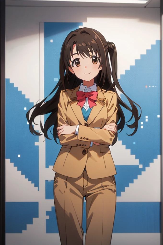 (((pixel-perfect, detail-perfect))), solo, 1girl, uzuki shimamura, , blazer, bow, looking at viewer, smile, v arms