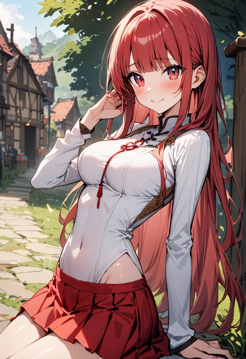 ((masterpiece,Highest quality:1.3)),1woman,30 year old beauty,独奏,((very small head:1.3)),red hair,long hair,blunt bangs,red eyes,gorgeous eyes,shy,smile,medium breasts,((very long body:1.2)),((toned body,slender body,)),skinny,gleaming skin,shiny skin,((Red pleated mini skirt)),(White Henley Shirt、Long sleeve),((Red mini skirt))、rural area、sunny、Medieval Europe、