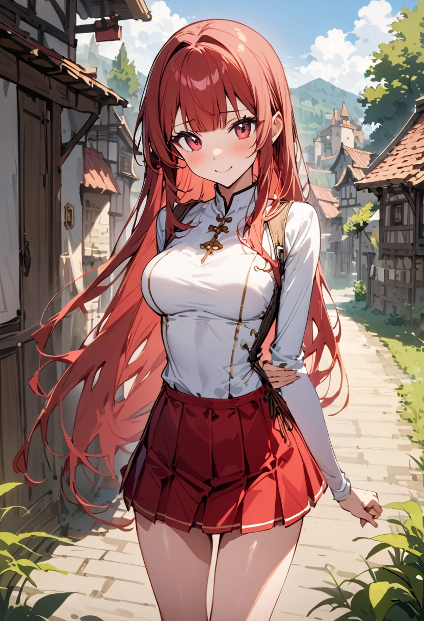 ((masterpiece,Highest quality:1.3)),1woman,30 year old beauty,独奏,((very small head:1.3)),red hair,long hair,blunt bangs,red eyes,gorgeous eyes,shy,smile,medium breasts,((very long body:1.2)),((toned body,slender body,)),skinny,gleaming skin,shiny skin,((Red pleated mini skirt)),(White Henley Shirt、Long sleeve),((Red mini skirt))、rural area、sunny、Medieval Europe、