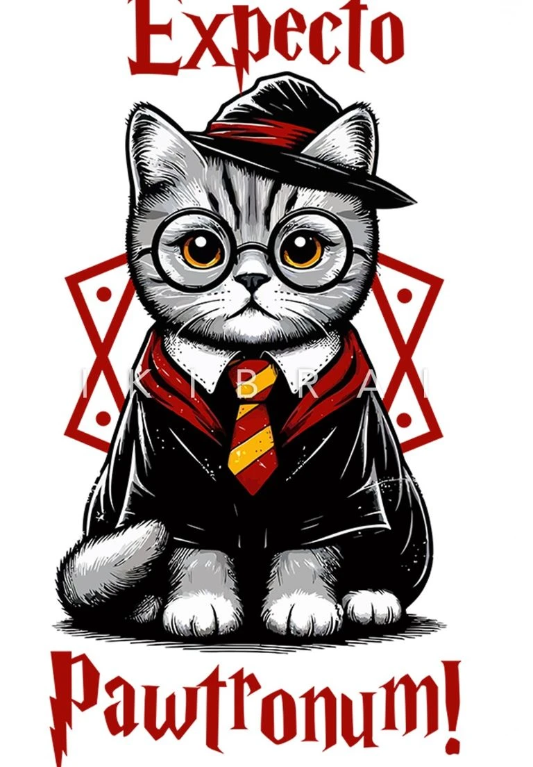 a close up of a cat wearing a hat and tie, harry volk clip art style, harry potter style, fluffy cat t - shirt design, harry potter portrait, intellectual cat, round glasses potter, anthropomorphic cat, portrait of harry potter, cat design, cute detailed digital art, mascot illustration, super math wizard cat, furry digital art