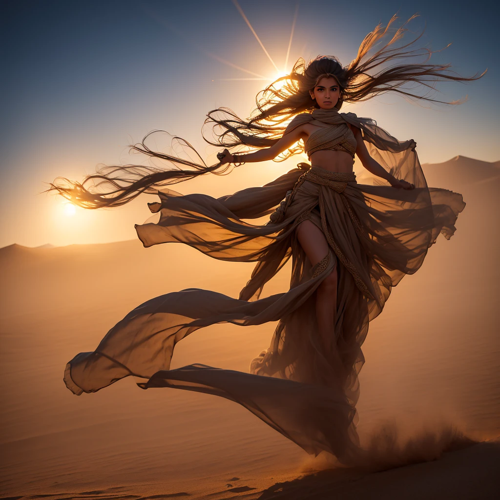 A highly detailed giant Bedouin sand girl in the form of a sandstorm flies into the light over a raging desert, giant hot sun ;  Beautiful, professional photo, Detailed drawing