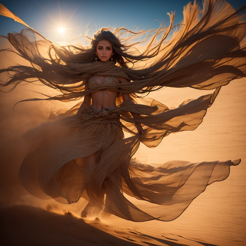 A highly detailed giant Bedouin sand girl in the form of a sandstorm flies into the light over a raging desert, giant hot sun ;  Beautiful, professional photo, Detailed drawing