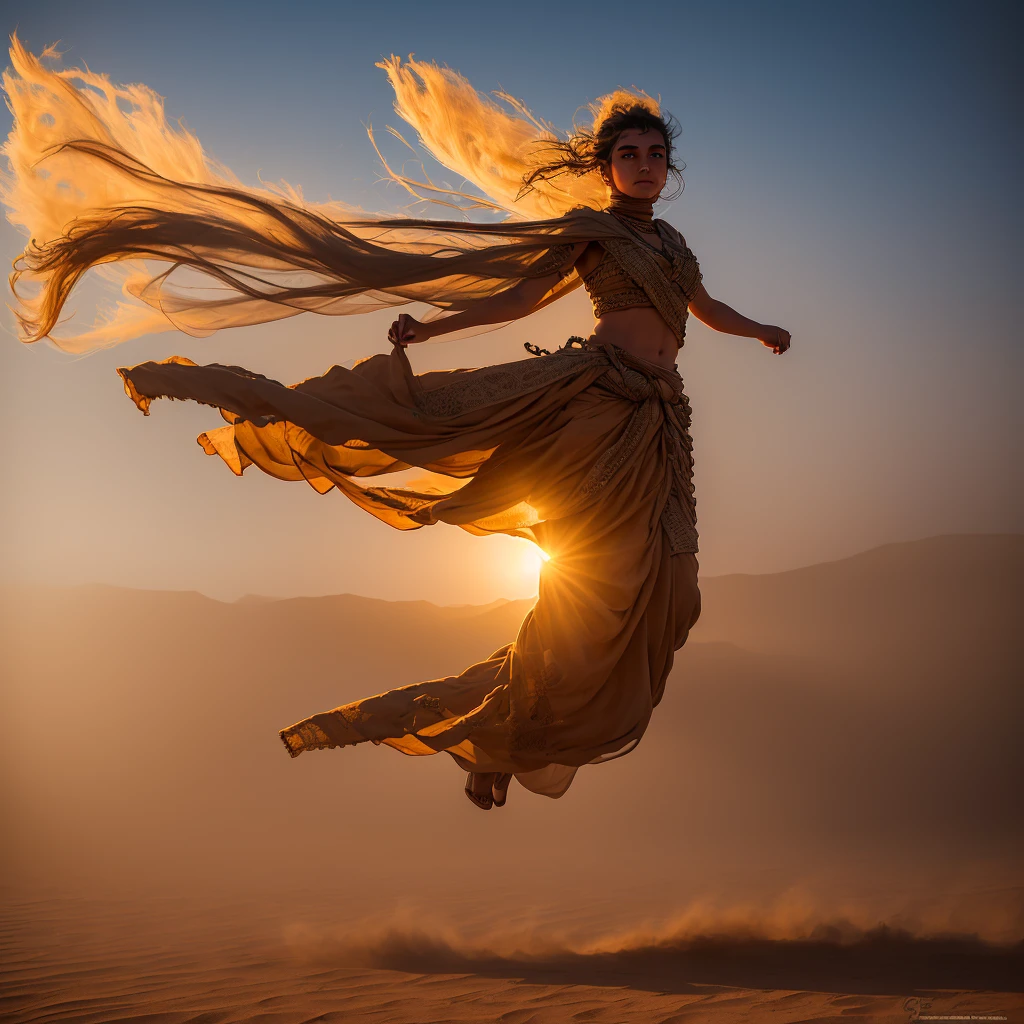 A highly detailed giant Bedouin sand girl in the form of a sandstorm flies into the light over a raging desert, giant hot sun ;  Beautiful, professional photo, Detailed drawing