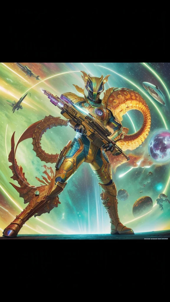 Full body space cosmic Monster seahorse alien in cosmic war,futuristic,art by alex ross and frederic soulacroix