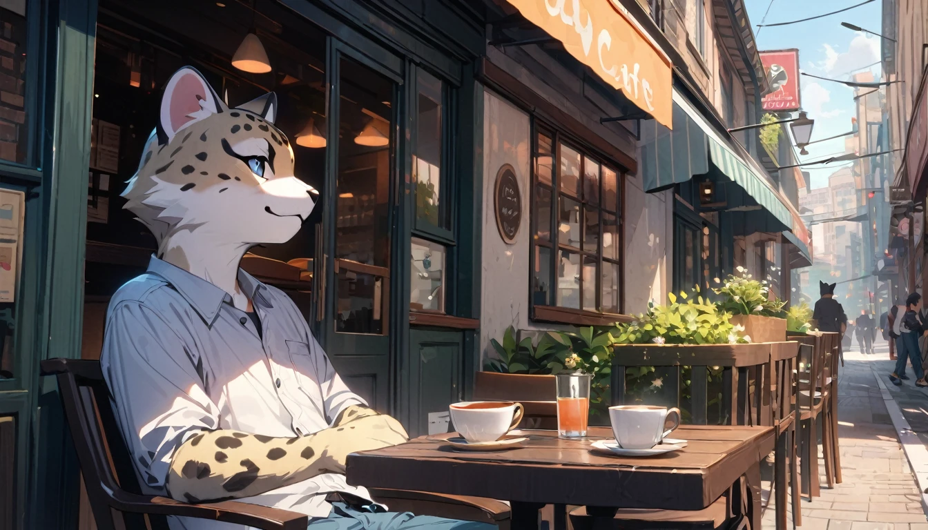1man, anthropomorphic cheetah, furry, kemono, A man in a casual shirt and jeans is relaxing on a chair and drinking tea on the terrace of a city cafe. There is a teacup in his hand, a plant and a cafe sign can be seen in the background. Bright daylight shines through and you can see the silhouettes of people walking down the street, ((Masterpiece)), ((Best Quality)), (Very Detailed), ((Very Detailed)), 4K, (8K), very aesthetic, absurdres highres, 