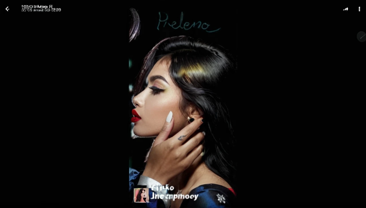 twenty-six year old woman with vibrant long black hair, extremely bright and dark complexion, filled red lips and deep black eyes and has a small minimalist tattoo on her ring finger.