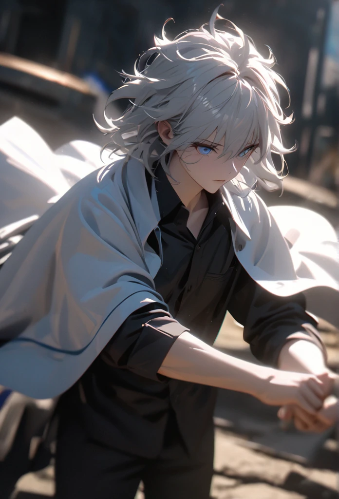 (solo), white hair, messy hair, mane hair, short hair, dense hair, wild hair, expressive hair, mature,(25 year old), pale skin, blue eyes, ((male)), wearing a black dress shirt, wearing a white cloak,, rolled up sleeves, handsome, attractive, eye reflection, depth of field, blue thunder aura, blue cinematic lighting, ray tracing, depth of field, cinematic lighting, ray tracing, UHD, high details, best quality, highres, high quality, award winning, super detail, masterpiece, 8k, UHD, high details, best quality, highres, high quality, award winning, super detail, masterpiece, 8k, digital art, anime coloring, full body shot, body shot, In a fighting position, Hand to hand combat, good face, perfect face, detailed face, good eyes, looking towards the screen.