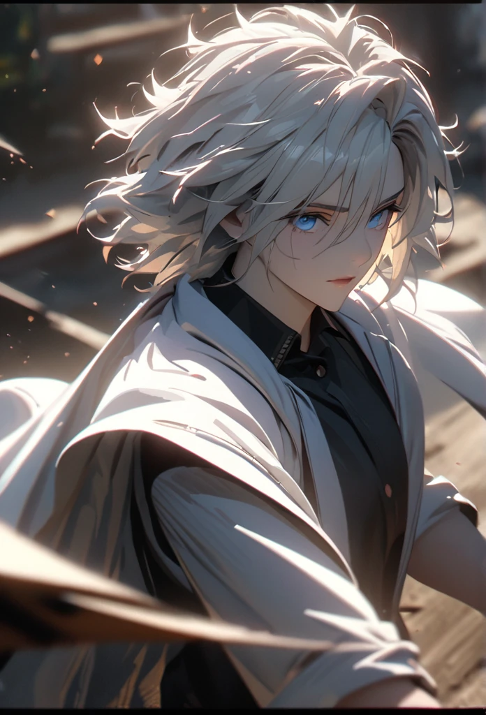 (solo), white hair, messy hair, mane hair, short hair, dense hair, wild hair, expressive hair, mature,(25 year old), pale skin, blue eyes, ((male)), wearing a black dress shirt, wearing a white cloak,, rolled up sleeves, handsome, attractive, eye reflection, depth of field, blue thunder aura, blue cinematic lighting, ray tracing, depth of field, cinematic lighting, ray tracing, UHD, high details, best quality, highres, high quality, award winning, super detail, masterpiece, 8k, UHD, high details, best quality, highres, high quality, award winning, super detail, masterpiece, 8k, digital art, anime coloring, full body shot, body shot, In a fighting position, Hand to hand combat, good face, perfect face, detailed face, good eyes, looking towards the screen.