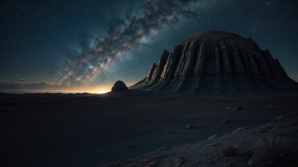 Hill with starry sky on an alien planet, high resolution, extremely realistic - A hill on an alien planet with bioluminescent vegetation that emits soft light under an unusual starry sky, where multiple moons shine brightly. The alien landscape and sky must be captured in minute detail.