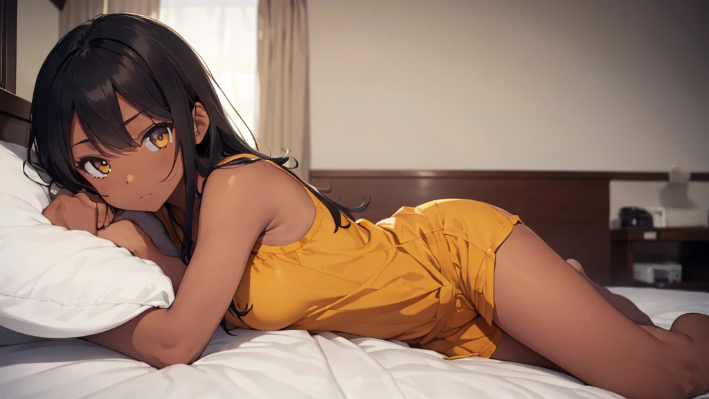 best god quality, Ultra-detailed, perfect Anatomy, (Draw a girl laying in a hotel bed), 1girl, is a soft beautiful tan girl, wearing black pajama shorts, dark skin girl, tan line skin, (dark skin*2), (black + wavy hair*1.2), Full limbs, complete fingers, groin, Beautiful gold eyes, yellow eyes,  well-proportioned tan girl, smug eyes, dark pajama bottoms, in a dark hotel room, High resolution, Best lighting by professional AI, hotel room, lights are off, looking at viewer, (((One girl in middle))), (((SOLO))), (they are laying down in bed) ((bed sheets over body))