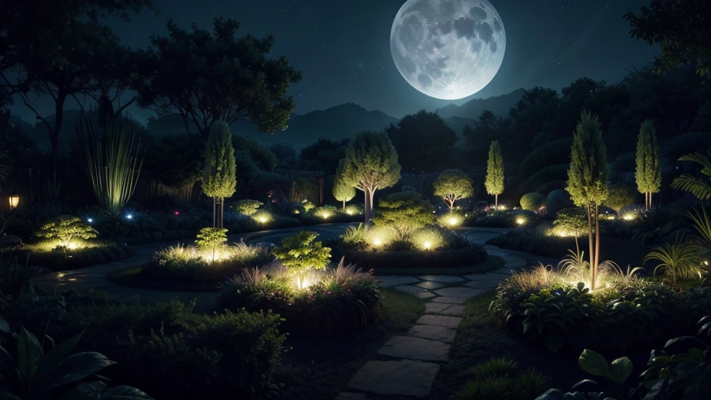 Alien garden at night, high resolution, extremely realistic - An exotic garden on an alien planet, with plants that appear to bloom in their own light as the alien moon casts eerie shadows. The shapes and colors of the plants and the peaceful atmosphere must be extremely realistic and captivating.