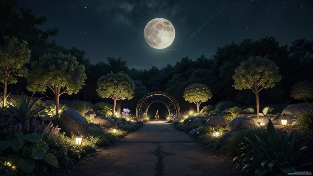 Alien garden at night, high resolution, extremely realistic - An exotic garden on an alien planet, with plants that appear to bloom in their own light as the alien moon casts eerie shadows. The shapes and colors of the plants and the peaceful atmosphere must be extremely realistic and captivating.