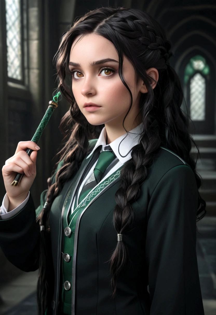 Best Quality, Masterpiece, black wavy hair, Brown eyes, wearing official Slytherin uniform, seeking out, Upper part of the body, lock of hair, White skin, side braids, holding a magic wand, 4k, Gothic, Cyberpunk, realist