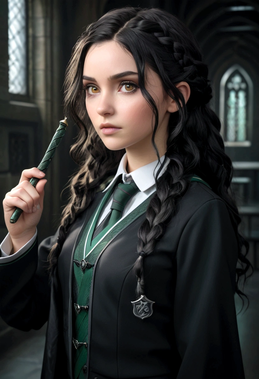 Best Quality, Masterpiece, black wavy hair, Brown eyes, wearing official Slytherin uniform, seeking out, Upper part of the body, lock of hair, White skin, side braids, holding a magic wand, 4k, Gothic, Cyberpunk, realist