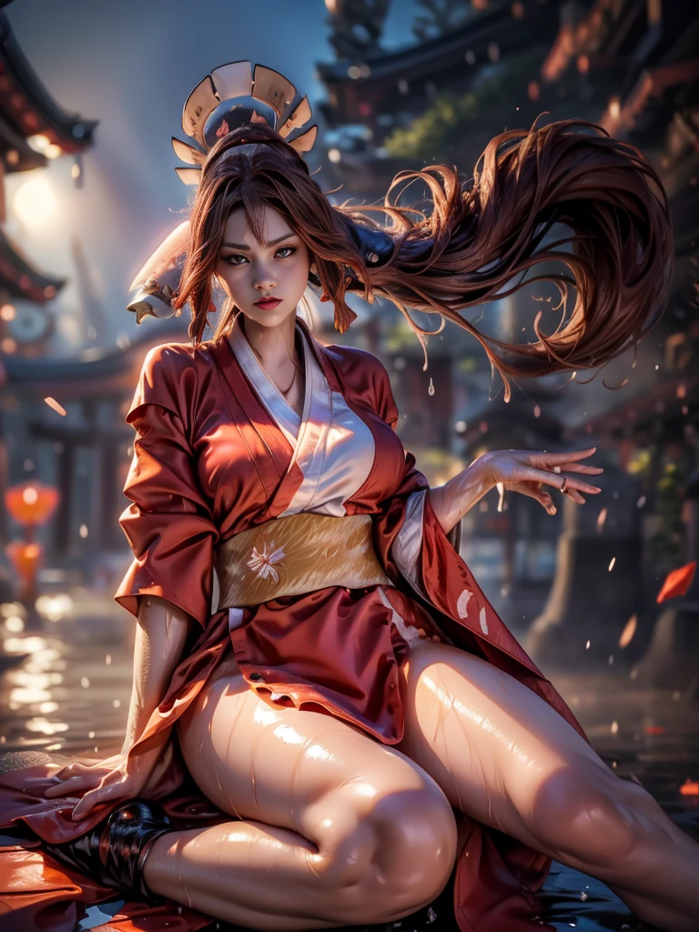 (exquisitely detailed CG unity 8k wallpaper, masterpiece-quality with stunning realism), (best illumination, best shadow), (best quality), (elegant style:1.2), Arti modern anime. angled view, heroic pose, midshot, (cel-shading style:1.3), centered image, ultra detailed closeup portrait of (Mai Shiranui:1) from (King of Fighters), best quality, expressive eyes, perfect face, highres, (ultra details), 1 girl, solo, brown hair, hair ornament, eyeshadow, gold, white and red qipao, highly ornamented, in the city of Japan, portrait, looking at the viewer, piercing eyes, full body, (light from the angle:1) (wind blowing:1.2).(depth of field effects:1.3) (motion action:1.2) (closeup:1.2) (motion blur effects:1), spreading feet, Thin to transparent,see-through,(((Soggy-kimono:1.2))),Lace fabric, (((water-immersed body: 0.9))),jewelry, relaxing pose, (holding an oriental fan:1), (sitting:1) (relaxed hands pose:1)