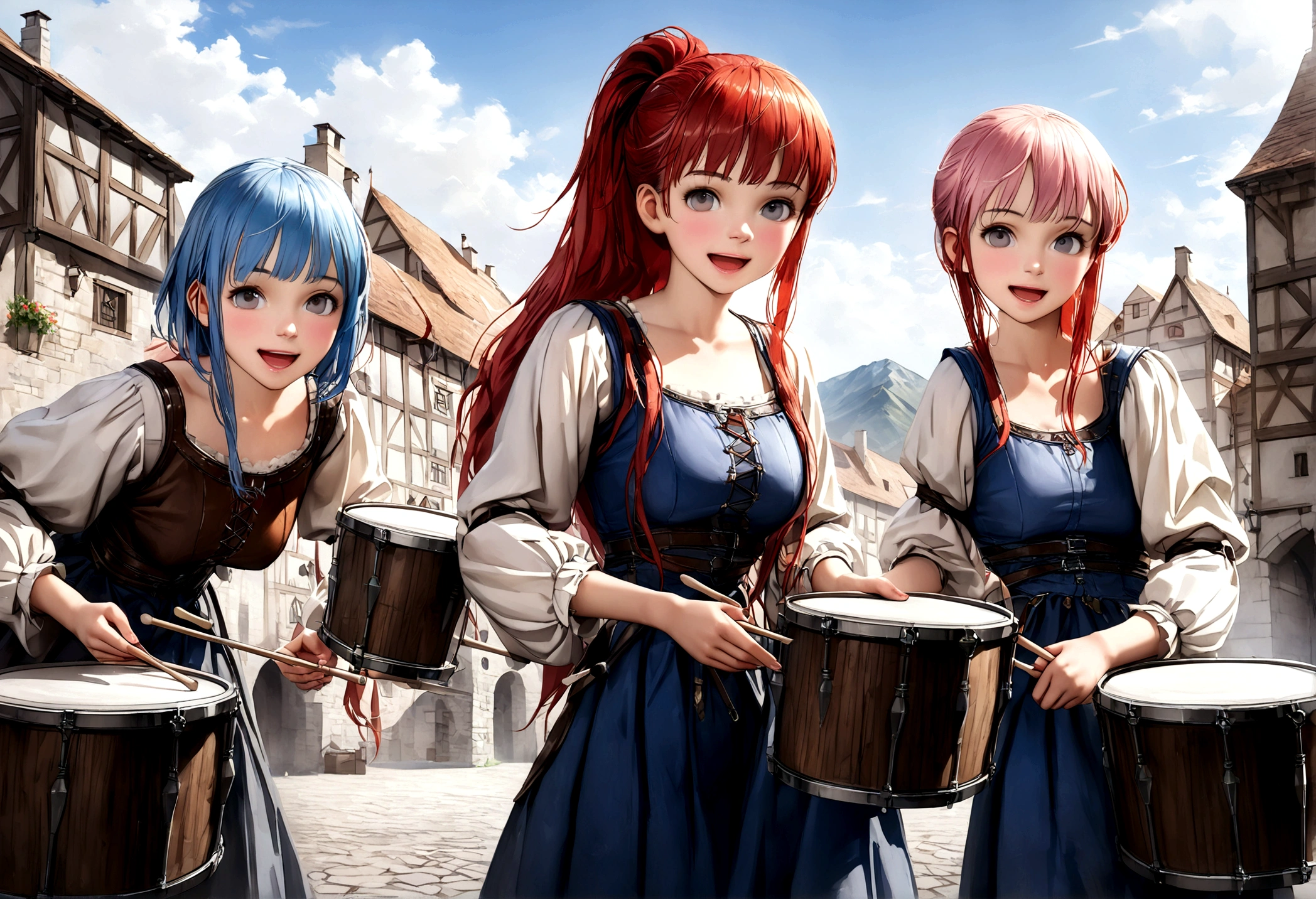 (((Top quality, 4k, 8k, high resolution, masterpiece: 1.2))), (super detailed), (realistic), (photorealistic), (photorealistic: 1.37), (HDR, UHD), (studio (lighting)), ultra-fine drawing, sharp focus, physically based rendering, highly detailed, professional, vibrant colors, perfect ditaile hand, highly detailed realistic eyes, girl, one girl, multiple girls, A lot of girls, smile, open mouth, close mouth, short hair, medium hair, medium length, long hair, ponytail, red hair, blue hair, blonde hair, green hair, pink hair, medieval European clothing, Citizen's Clothing from Medieval Europe, miniskirt, mid-length skirt, long skirt, chinos pants, (((playing the drums))), Medieval European town, Countryside, Medieval European rural village, Rural grassland, Mountain view, Rural river, Irrigation canal, anime, cartoon, kawaii, qute, (((Long shot, Panorama, Distant view, Vast landscape))), knees, feet, looking at viewer,