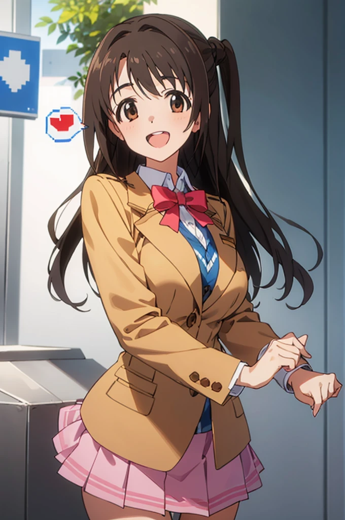 (((pixel-perfect, detail-perfect))), solo, 1girl, uzuki shimamura, , blazer, bow, looking at viewer, smile,miniskirt,spoken heart,open mouth,big breasts,nsfw