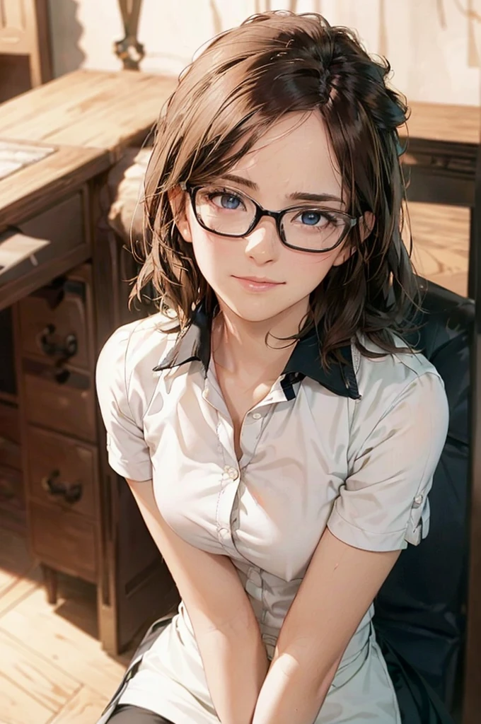 Masterpiece, 最high quality, high quality, High resolution, high quality texture, high quality shadows, High resolution, Beautiful details, Detailed CG, Detailed Texture, Realistic representation of face, Realistic, colorful, delicate, Cinematic Light, Side light, Lens flare, Ray Tracing, sharp concentrated, (1 Girl,concentrated:1.3), ( Intricate details, compensate, PureErosFaceV1:0.5), (細部まで美しいdelicateな顔, 緻密で美しいdelicateな瞳, Perfect Facial Proportions, Dense skin, Optimal ratio of four fingers to one thumb,Unified 8k wallpaper, Arms under chest, Modest chest, Wide Hips, Smooth upper abdomen, 35 years old, blue eyes, glasses, air fortress hair, blonde hair, house wife, the gaze of true love, lips of temptation, A look full of compassion ,a smile full of love, i love you, Acting lovey-dovey, I love you so much I'm crazy,
cabin attendant uniform,white blouse,tight fitting black skirt,black stockings, excellent secretary ,working as a secretary, wooden desk, wooden chair