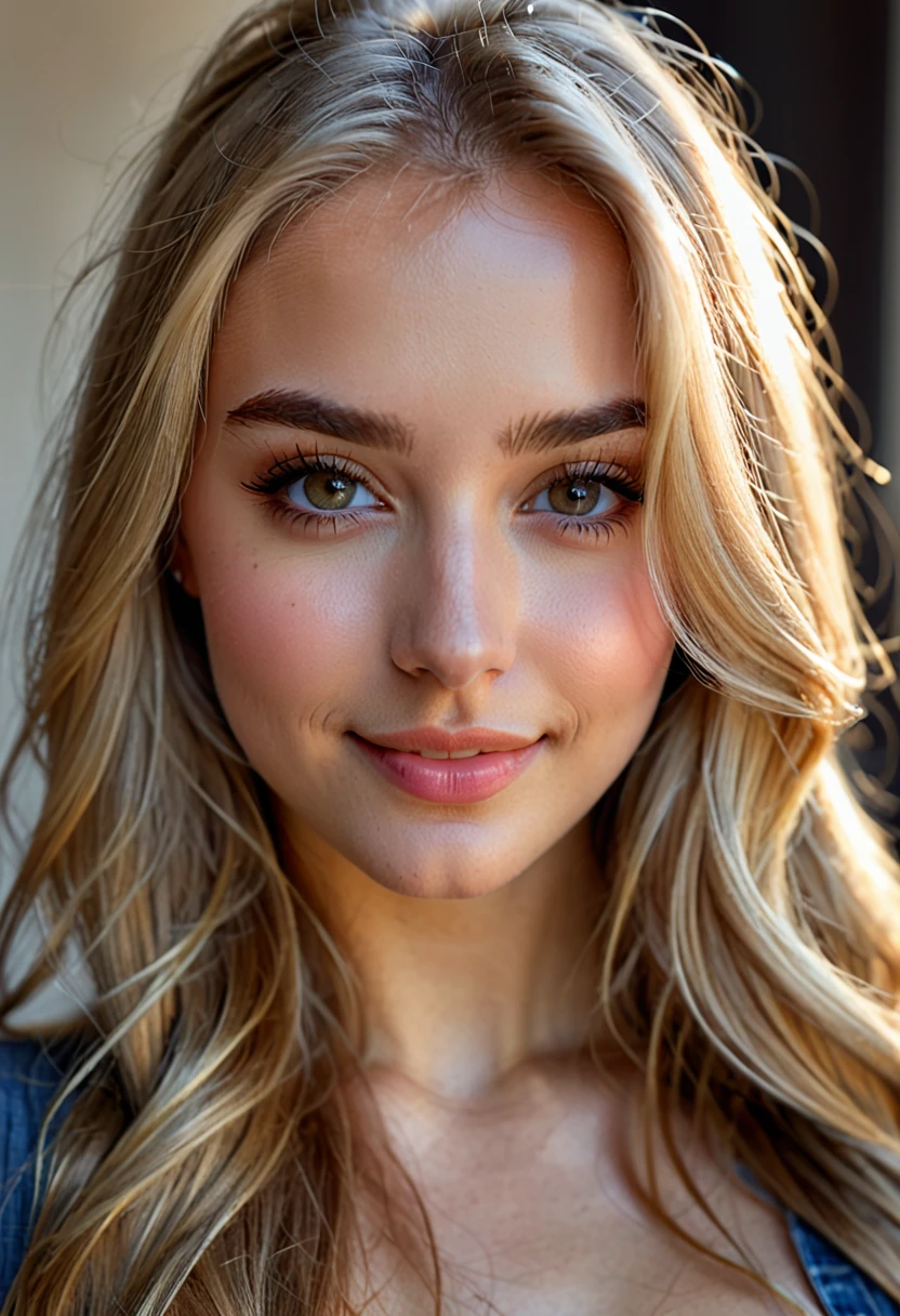 selfie, (4k photo:1.1) by (Jeremy Lipking:0.3), (Dittmann Anna:0.3), (Arian Mark:0.3), (Sharp focus:1.3), high detail, beautiful detailed face, beautiful detailed mouth, beautiful detailed eyes, beautiful detailed nose, hazel eyes, long blonde hair, (attractive young woman:1.3), (seductive:1.1), (smiling:1.1), (blushing:1.1), hourglass body shape