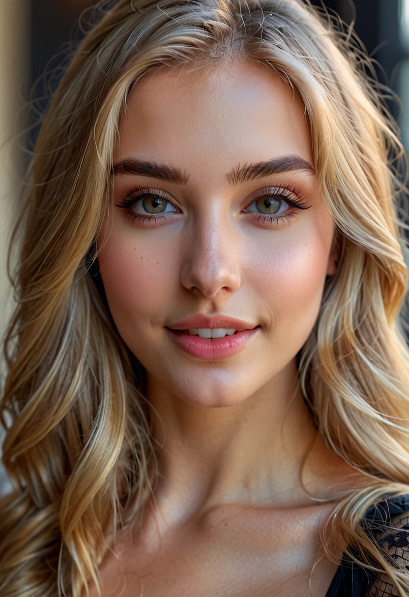 selfie, (4k photo:1.1) by (Jeremy Lipking:0.3), (Dittmann Anna:0.3), (Arian Mark:0.3), (Sharp focus:1.3), high detail, beautiful detailed face, beautiful detailed mouth, beautiful detailed eyes, beautiful detailed nose, hazel eyes, long blonde hair, (attractive young woman:1.3), (seductive:1.1), (smiling:1.1), (blushing:1.1), hourglass body shape