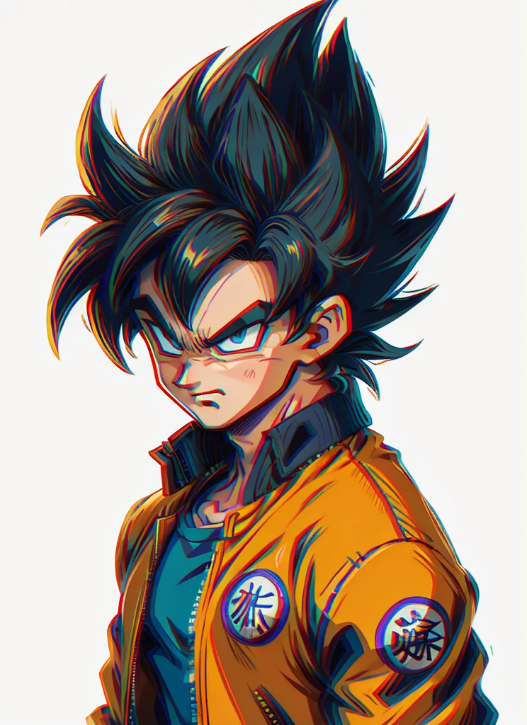 1man, solo, (masterpiece), best quality, ultra-detailed, Son Goku from Dragon Ball Z, super saiyan hair, Retro style, full body. fashion cloth, orange jean jacket,blue shirt, fancy, portrait, upper body, face detail, eyes detail: 1.3, simple background, green eyes, blue shirt, white background, yellow shiny hair, ultra instinct
